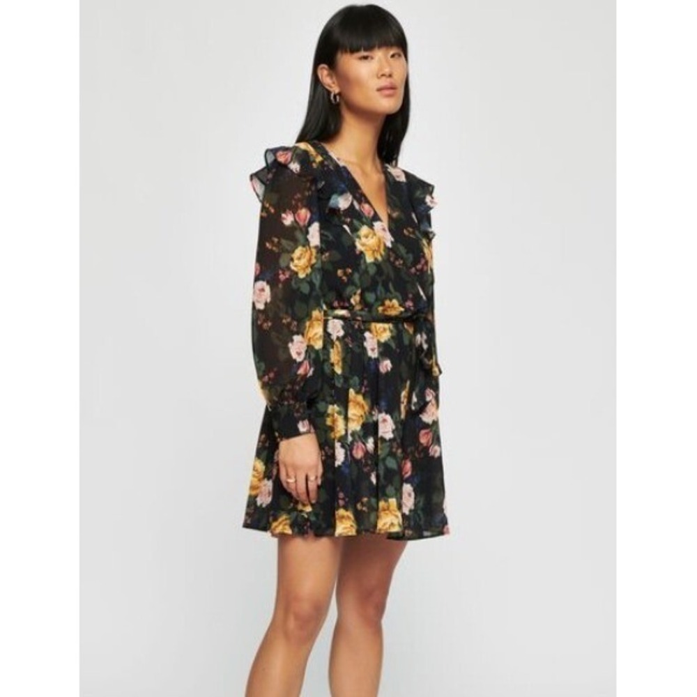 Black Floral Ditsy Mini Dress Long Sleeve Ruffle Black Pink Yellow Spring Medium